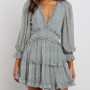 Bohemian Floral Printed Deep V Neck Long Sleeve Mini  Dress